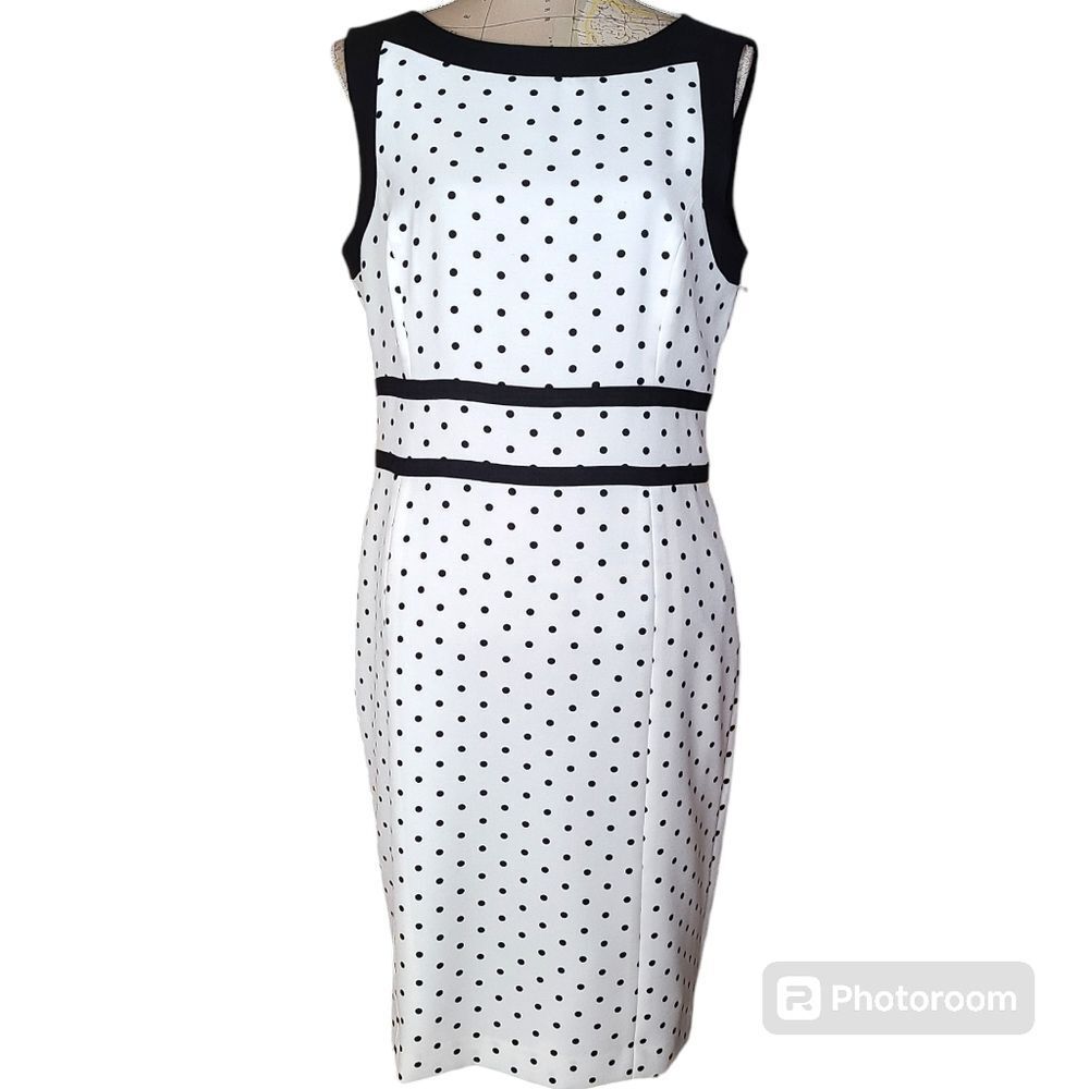 Evan Picone Black Label Size 12 Classy Preppy White Black Polka Dot Sheath Dress